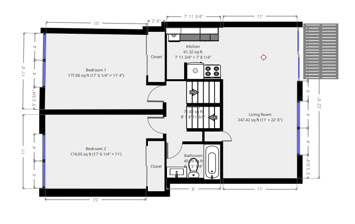 Floor plan for 2 beds, 1 bath, 1010 sqft